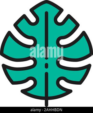 Tropical palm leaf, monstera leaf plant flat color line icon. Stock Vector