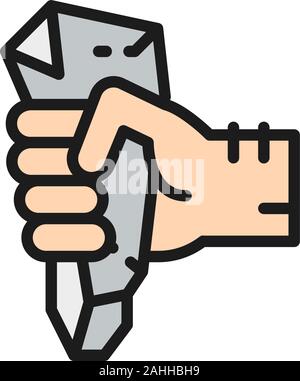 Hand with prehistoric stone, ancient rock knife flat color line icon. Stock Vector