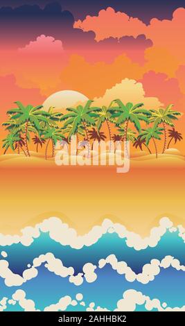 Sunny island with palm trees at sunrise time design. Stock Vector