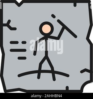 Prehistoric drawings, cave painting, rock art flat color line icon. Stock Vector