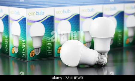 LED lightbulbs and generic package design on black background. 3D illustration. Stock Photo