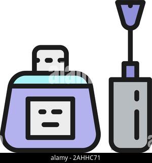 Nail polish bottle with brush, manicure base, nails gel flat color line icon. Stock Vector