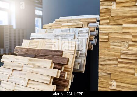 decorative wooden wall tiles at interior design shop Stock Photo