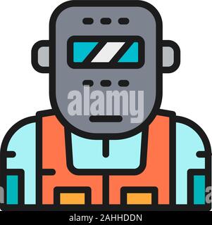 Metallurgist in a protective mask flat color line icon. Stock Vector