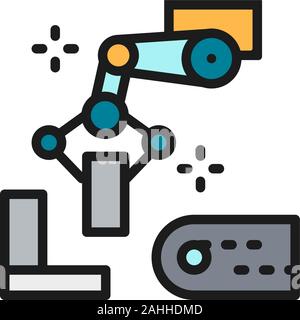 Robotic manipulator arm with metal parts, metallurgy production color line icon. Stock Vector