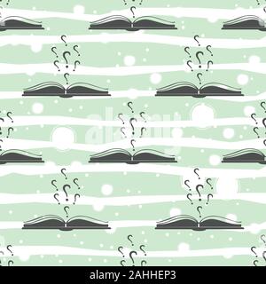 Seamless pattern with question marks above an open book. Great for wall book cover and inside, gift paper, wrapping, textile, etc. Vector Illustration Stock Vector