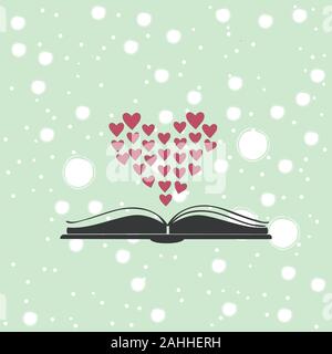 Open book icon with hearts shaped in bigger heart above it. Flat Design. For romance books. Vector Illustration Stock Vector