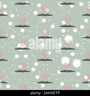 Seamless pattern with open romance genre book and heart above it. Flat Design. Vector Illustration Stock Vector