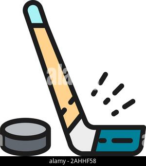 Vector hockey stick and puck flat color line icon. Stock Vector