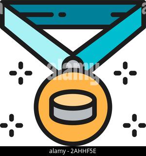 Hockey champion medal, winner award, trophy flat color line icon. Stock Vector