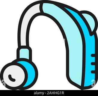 Hearing aid receiver in ear canal flat color line icon. Stock Vector