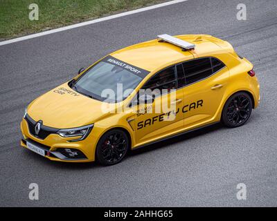 MONTMELO, SPAIN-SEPTEMBER 29, 2019: 2019 Renault Mégane Renault Sport IV (RS) Safety car, aerial view Stock Photo