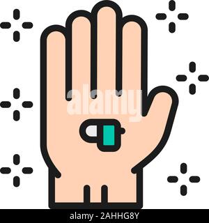 Hearing aid, wireless headphones in hand flat color line icon. Stock Vector
