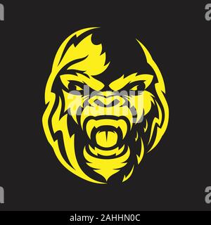 Head gorilla angry vector for emblem design with yellow color on the black background. Wild animal silhouette of head gorilla for element design. Stock Vector