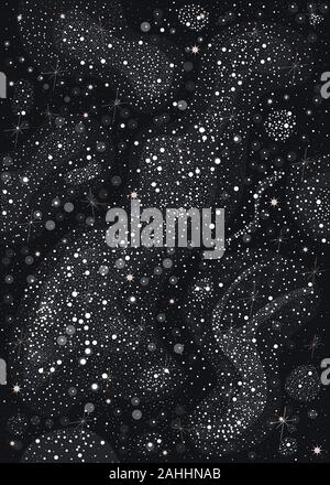 Colorful Seamless Pattern with white shiny Stars. Dark Starry Night. Part of Cosmos, Astronomy and Space Collection. Detailed Illustration. Vector Ill Stock Vector