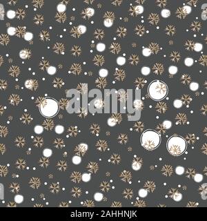 Seamless pattern with golden falling snowflakes on dark background. Delicate Design. Vector Illustration Stock Vector