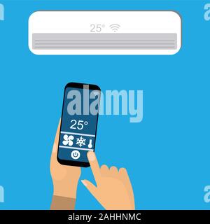 Hand using smartphone as a remote control for air conditioning Stock Vector