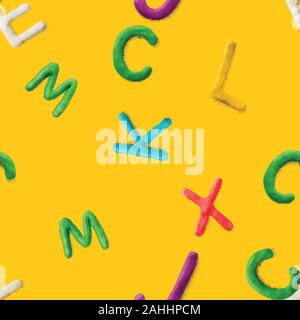 Seamless pattern with alphabet. Handmade modeling clay letters. Realistic 3d vector lettering background. Stock Vector