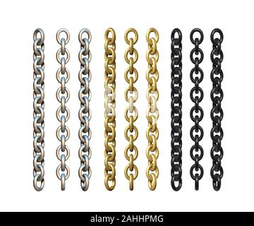 Gold, silver and black metal chains. 3d realistic vector Stock Vector