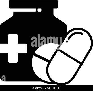 Silhouette style pills and bottle icon isolated on white background from medical collection. Pills icon trendy and modern pills symbol for logo, web, Stock Vector