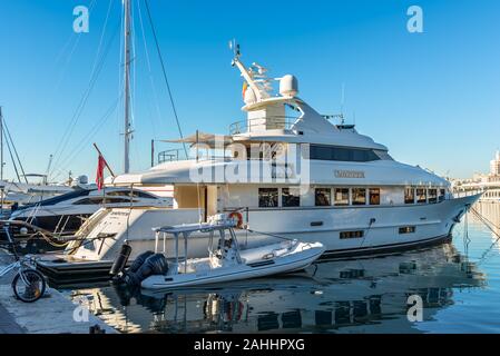 Malaga, Spain - December 4, 2018: Motor super yacht Whisper moored in port of Malaga, Andalusia, Spain. Stock Photo