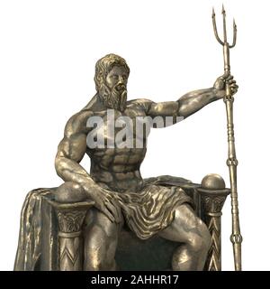 Bronze statue of the Greek god Poseidon on an isolated white background. 3d illustration Stock Photo