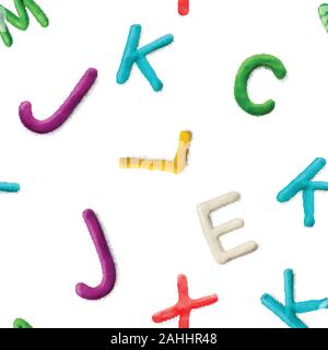 Seamless pattern with alphabet. Handmade modeling clay letters. Realistic 3d vector lettering background. Stock Vector