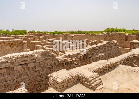 Larkana Mohenjo Daro Archaeological UNESCO World Heritage View of Dikshit DK Area Villa Foundation Ruins of Wealthy Residents on a Sunny Blue Sky Day Stock Photo