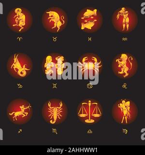 Set of 12 zodiac signs on an isolated black background. Vector image Stock Vector