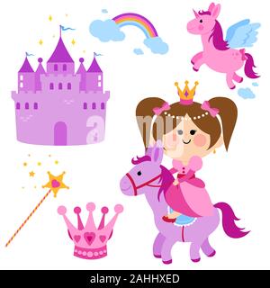 Pretty fairy princess riding a horse, a castle, unicorn, rainbow, crown and magic wand. Illustration set. Stock Photo