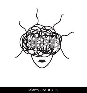 Anxiety symbol, woman in stress, concept of anxiety, upset, depressed woman, vector black line illustration Stock Vector