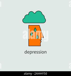 Depressed sad man, cloud and rain, depressed person crying, vector color icon Stock Vector