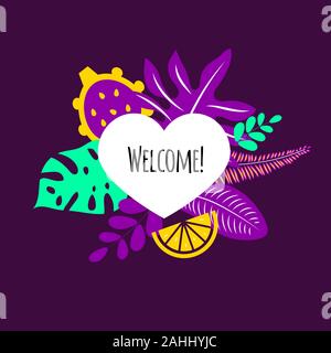 Sale frame with tropical leaves, sale banner, heart with leaves, vector color illustration Stock Vector