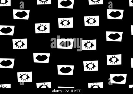 Girly seamless pattern with lips and eyes, fashion banner, hipster black and white background with eyes and lips, vector retro illustration Stock Vector