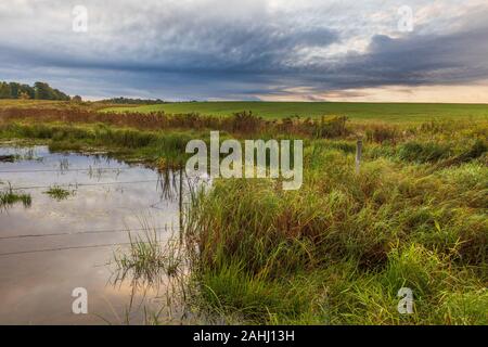 The morning clouds start to clear over a farmer's field in northern Wisconsin. Stock Photo