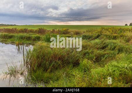 The morning clouds start to clear over a farmer's field in northern Wisconsin. Stock Photo