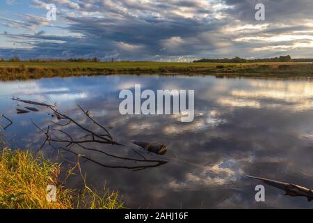 The morning clouds start to clear over a farmer's pond in northern Wisconsin. Stock Photo
