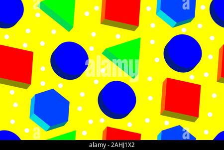 Seamless geometric memphis 3D pattern, vector background in 80s style, abstract shapes Stock Vector