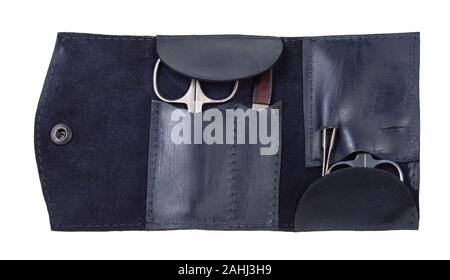open leather case with manicure set isolated on white background Stock Photo