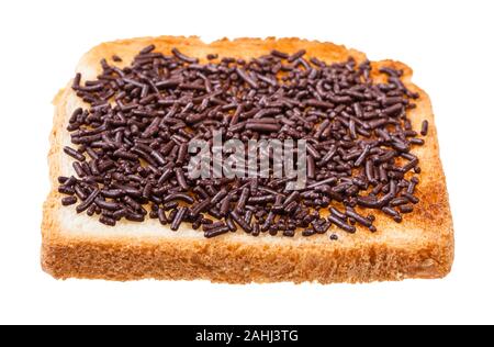 dutch sweet open sandwich with toast and hagelslag (topping from chocolate sprinkles) isolated on white background Stock Photo