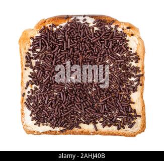 top view of dutch sweet toast with butter and hagelslag (topping from chocolate sprinkles) isolated on white background Stock Photo