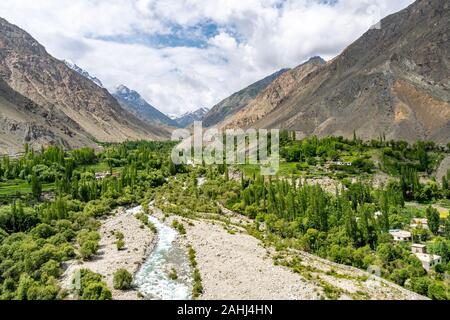 Skardu Satpara Valley Panoramic Picturesque View of the Landscape on a Sunny Blue Sky Day Stock Photo