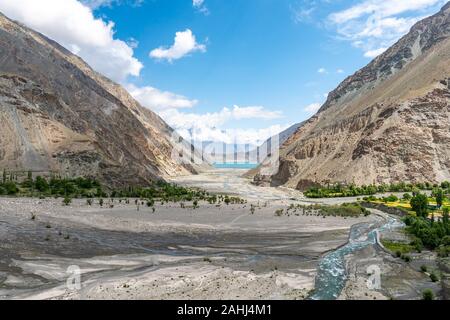 Skardu Satpara Valley Panoramic Picturesque View of the Lake and Landscape on a Sunny Blue Sky Day Stock Photo