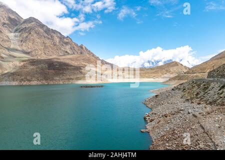 Skardu Satpara Valley Panoramic Picturesque View of the Lake and Landscape on a Sunny Blue Sky Day Stock Photo