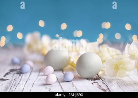 Natural colored Easter eggs, malt candy covered chocolate eggs, and flower blossoms over a rustic white wood table against a blue background. Stock Photo