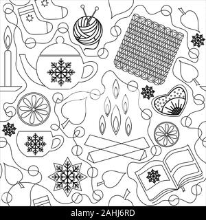 Hygge. Danish, Scandinavian and norwegian comfort. Home comfort items, glassware. Seamless pattern Stock Vector