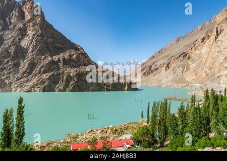 Attabad Lake Landscape Picturesque Breathtaking View with Sailing Boats on a Sunny Blue Sky Day Stock Photo