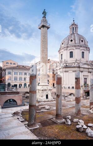 Trajan's Forum and Trajan's column in Rome Italy. The forum of Trajan was the last of the imperial Roman forums / Imperial Fora built in ancient Rome Stock Photo