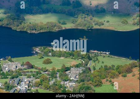 Aerial view of Glenridding village and Ullswater in the Lake District Cumbria Stock Photo