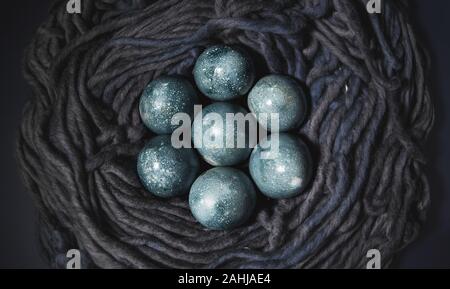 Multi-colored chicken eggs. Easter holiday. Spring. Decor Stock Photo